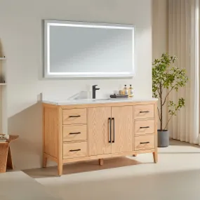 Lily- 60",Single Sink, White Oak , Floor Standing Modern Bathroom Vanity, White Quartz Countertop
