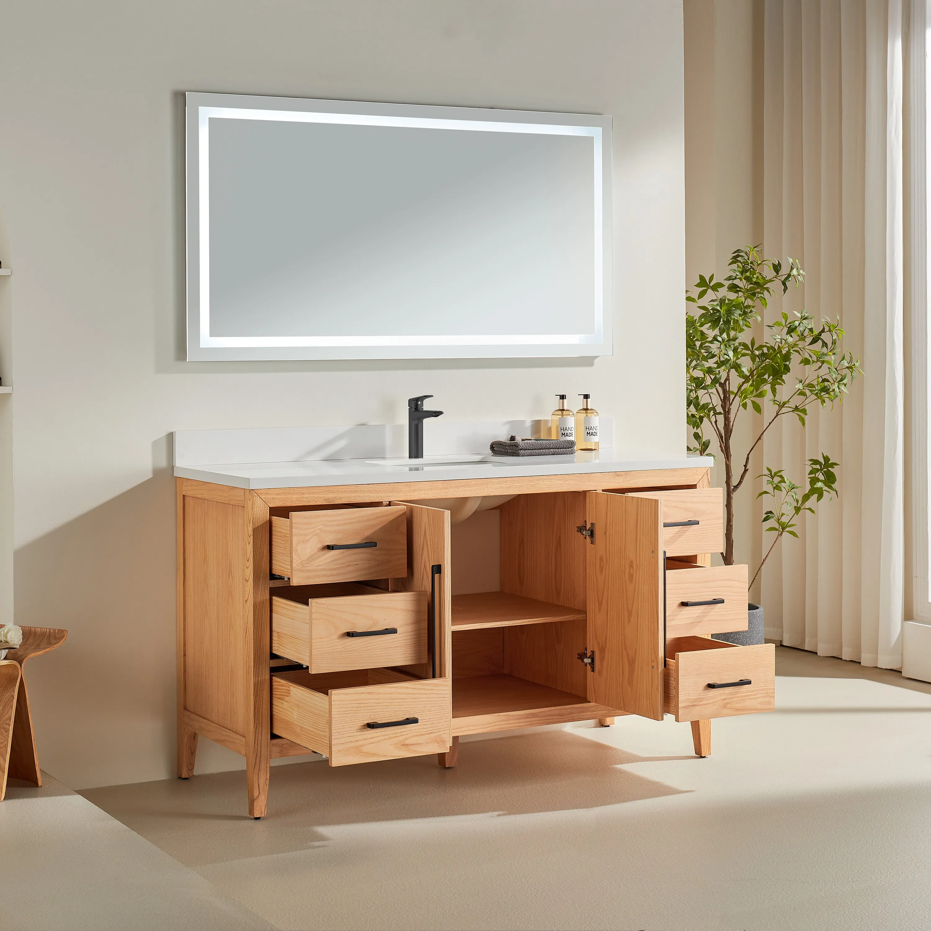 Lily- 60",Single Sink, White Oak , Floor Standing Modern Bathroom Vanity, White Quartz Countertop