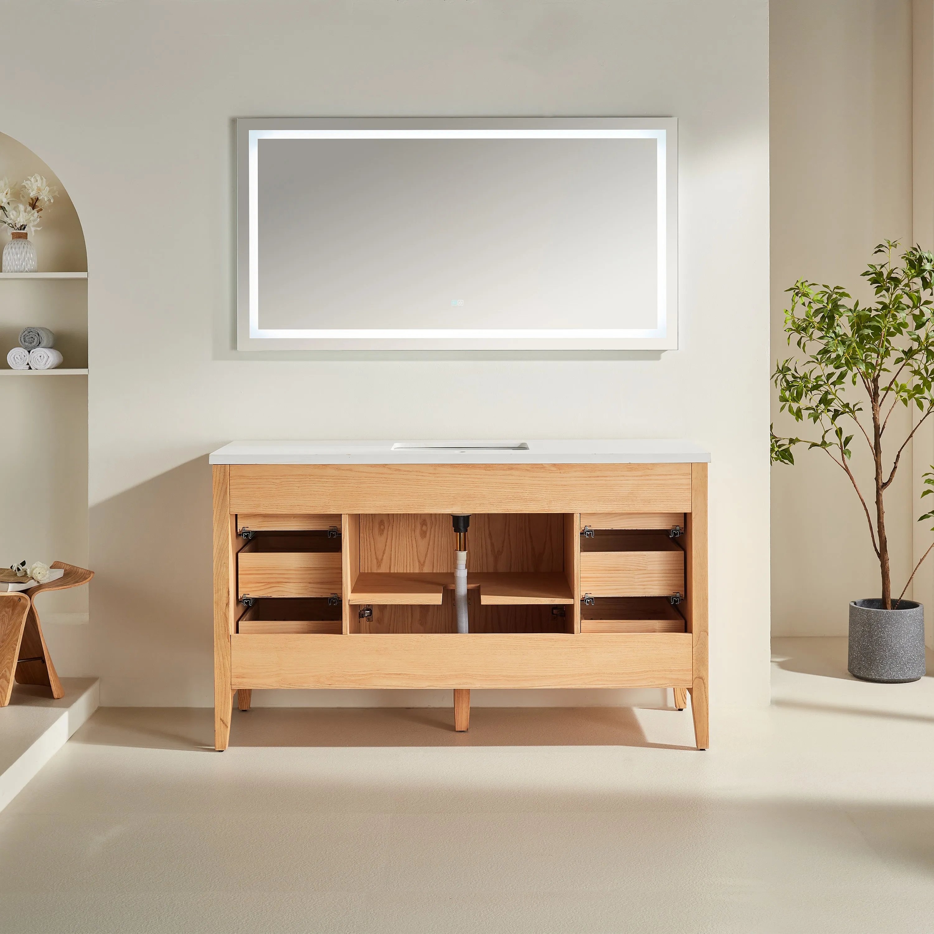 Lily- 60",Single Sink, White Oak , Floor Standing Modern Bathroom Vanity, White Quartz Countertop