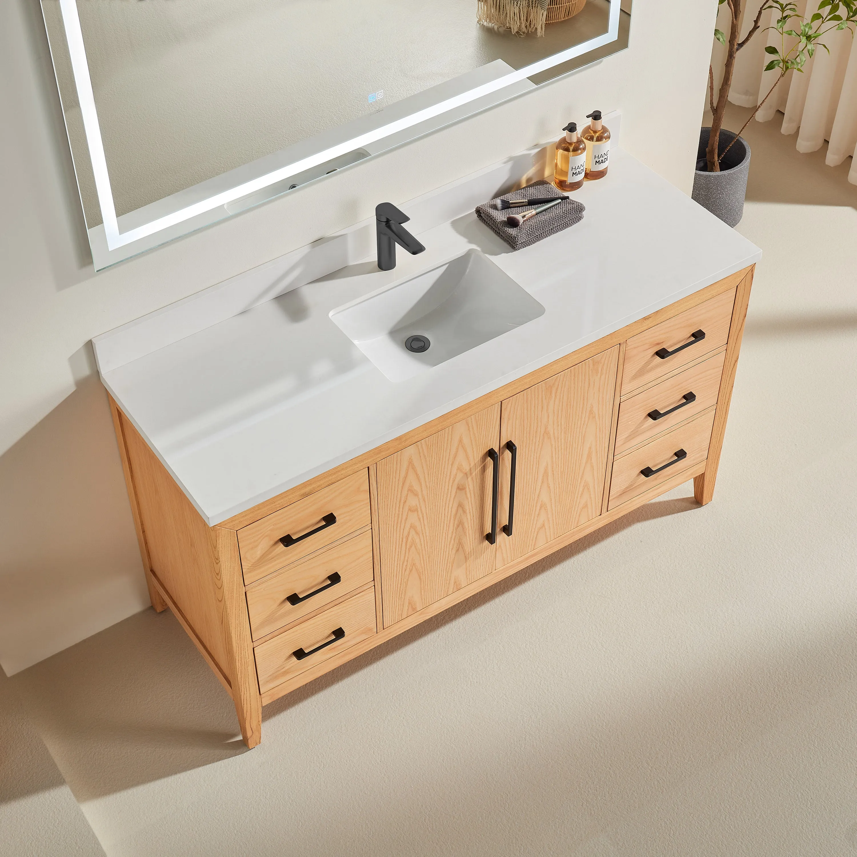 Lily- 60",Single Sink, White Oak , Floor Standing Modern Bathroom Vanity, White Quartz Countertop