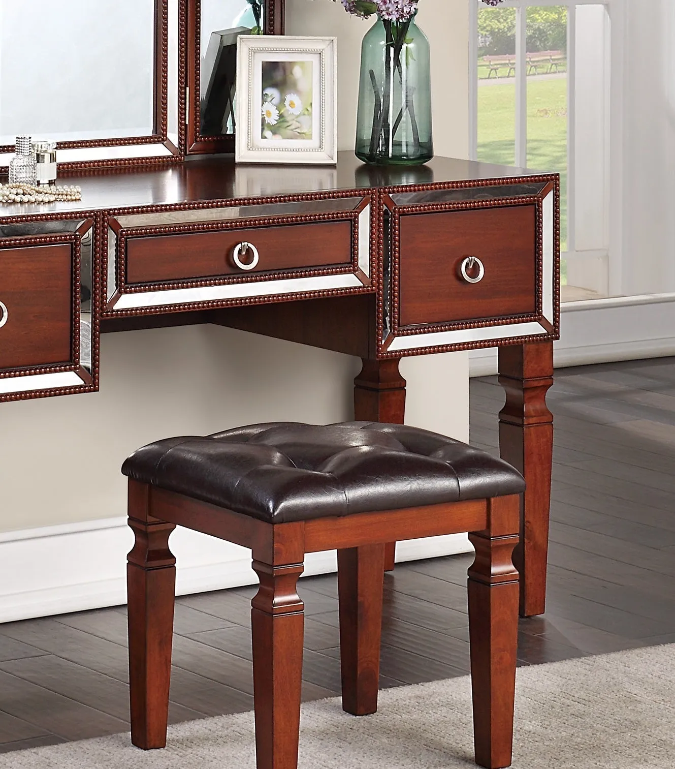Luxurious Majestic Classic Cherry Color Vanity Set w Stool 3- Storage Drawers 1pc Bedroom Furniture Set Tri-Fold Mirror
