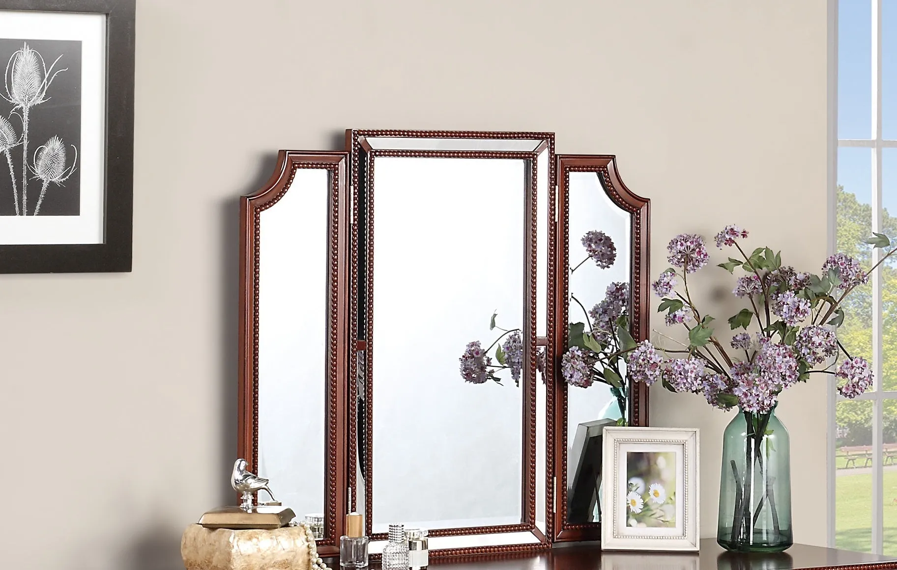 Luxurious Majestic Classic Cherry Color Vanity Set w Stool 3- Storage Drawers 1pc Bedroom Furniture Set Tri-Fold Mirror