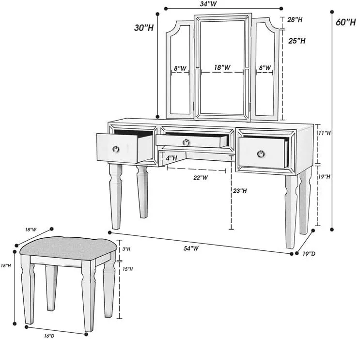 Luxurious Majestic Classic Cherry Color Vanity Set w Stool 3- Storage Drawers 1pc Bedroom Furniture Set Tri-Fold Mirror