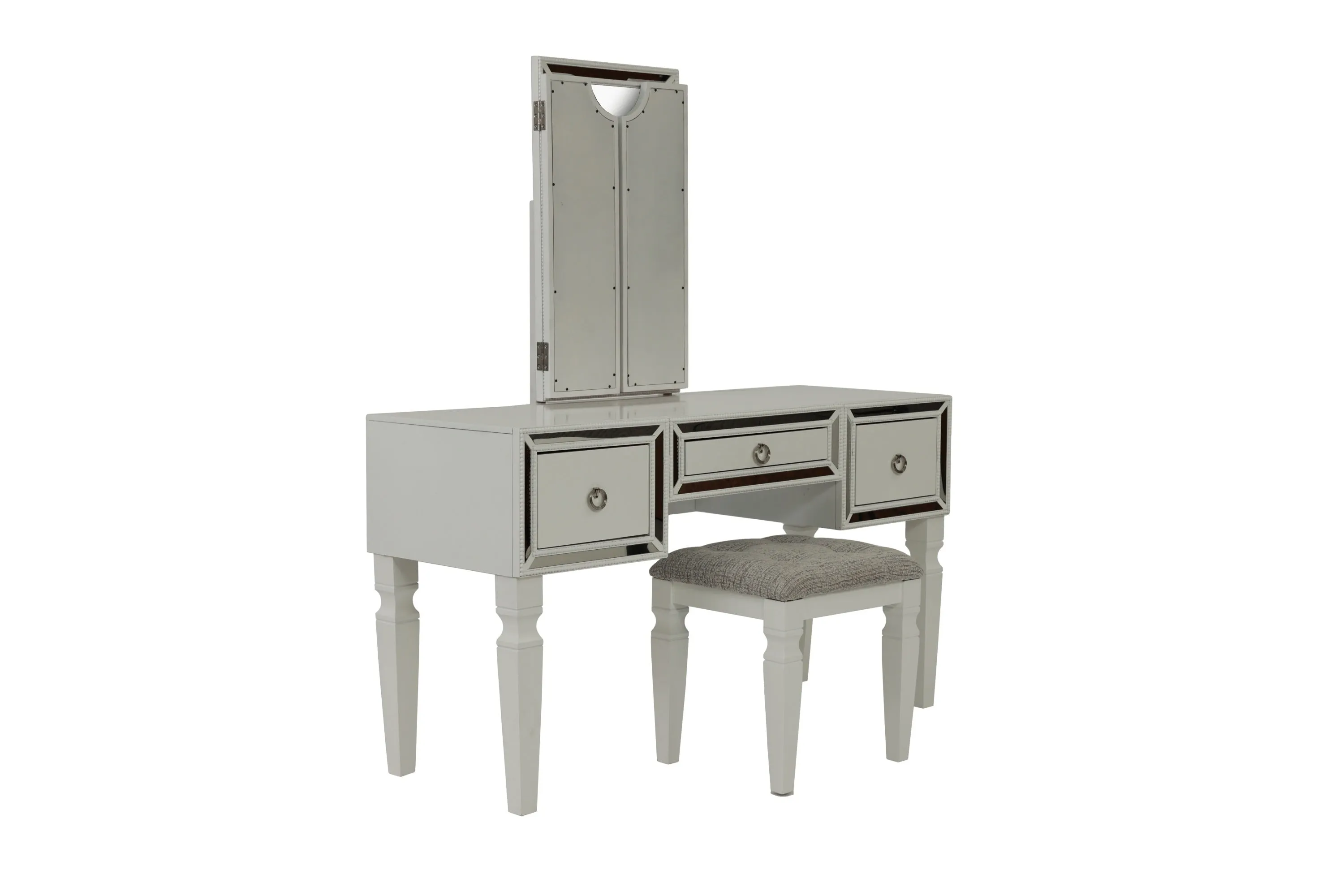 Luxurious Majestic Classic White Color Vanity Set w Stool 3-Storage Drawers 1pc Bedroom Furniture Set Tri-Fold Mirror