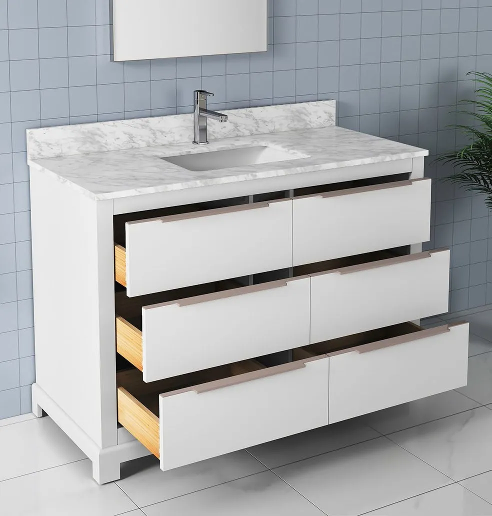 Madison-48" White Solid Wood Bathroom Vanity with Carrara Marble top