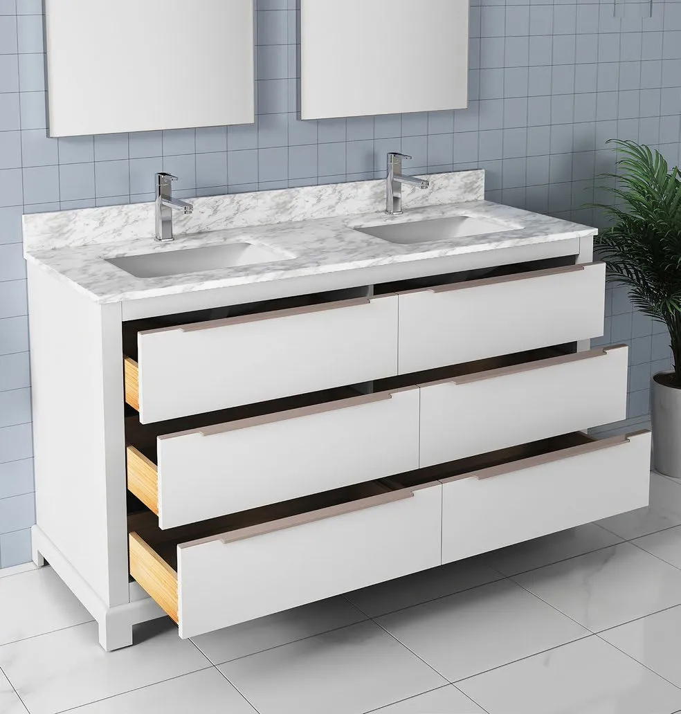 Madison-60" Double sink, White Solid Wood Bathroom Vanity with Carrara Marble top