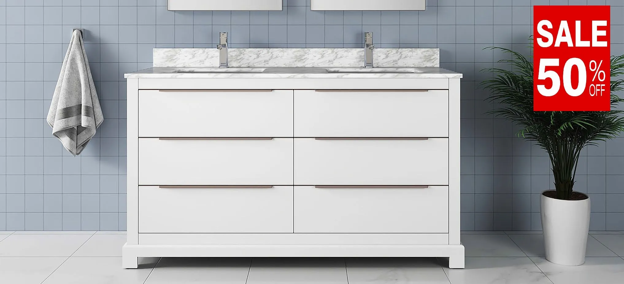 Madison-60" Double sink, White Solid Wood Bathroom Vanity with Carrara Marble top