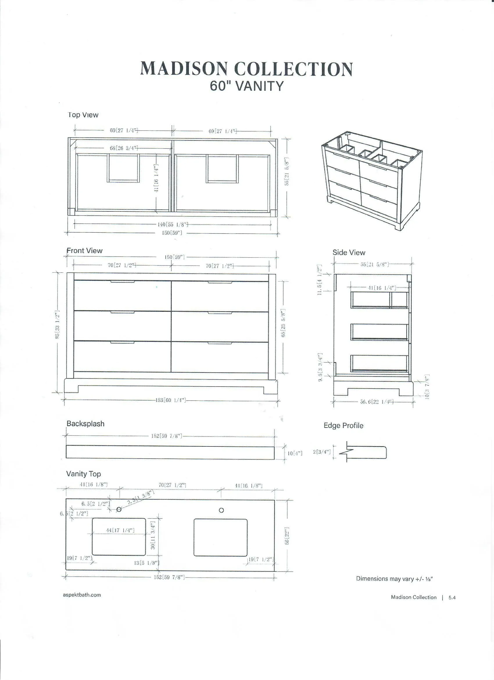 Madison-60" Double sink, White Solid Wood Bathroom Vanity with Carrara Marble top