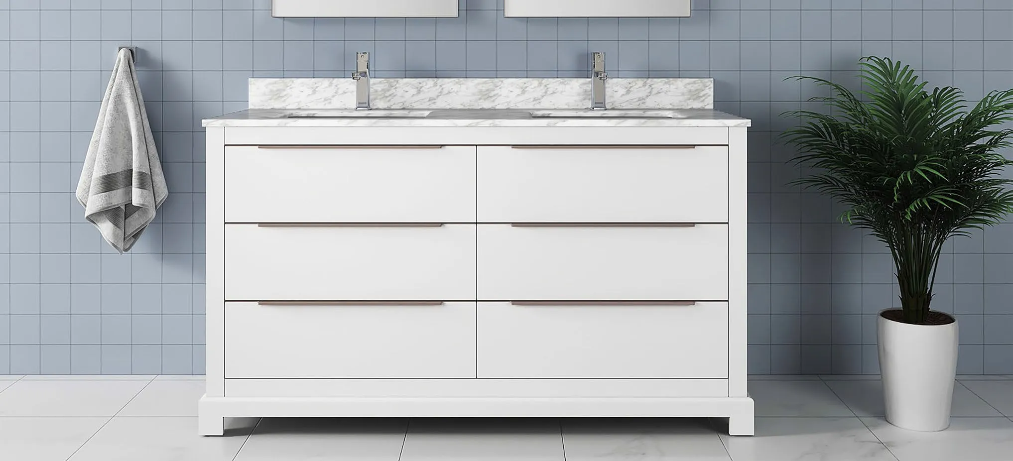 Madison-60" Double sink, White Solid Wood Bathroom Vanity with Carrara Marble top