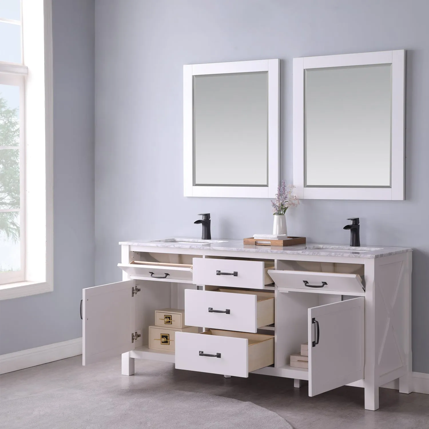 Maribella 72" Double Bathroom Vanity Set with Carrara White Marble Countertop