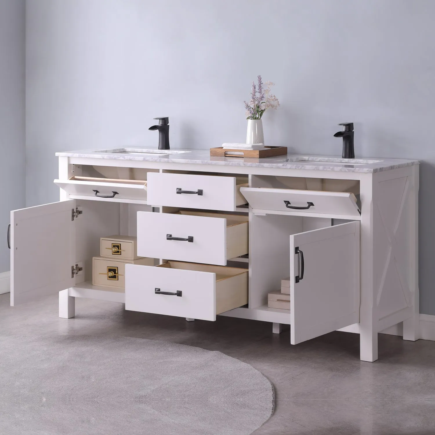 Maribella 72" Double Bathroom Vanity Set with Carrara White Marble Countertop