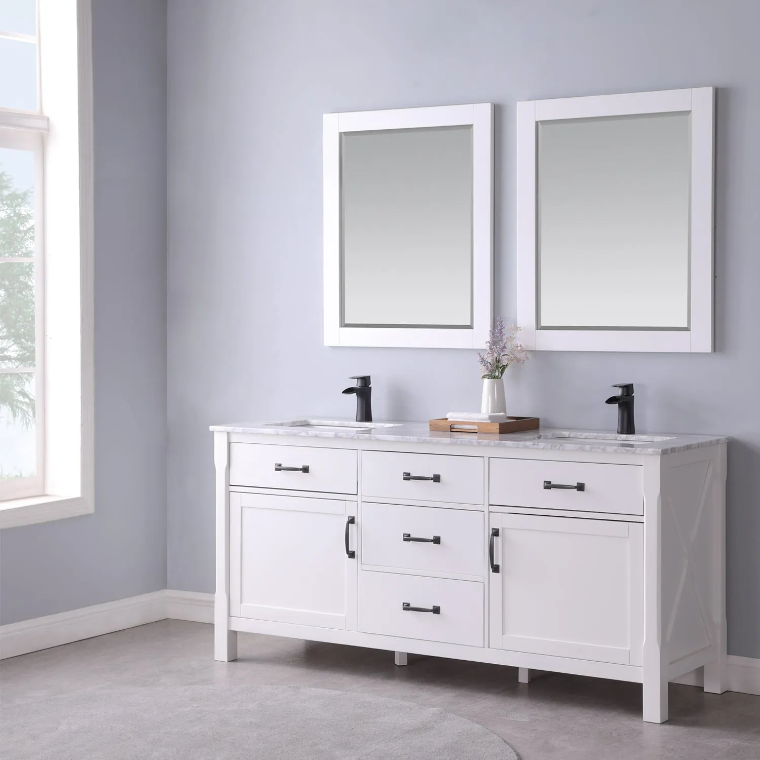 Maribella 72" Double Bathroom Vanity Set with Carrara White Marble Countertop