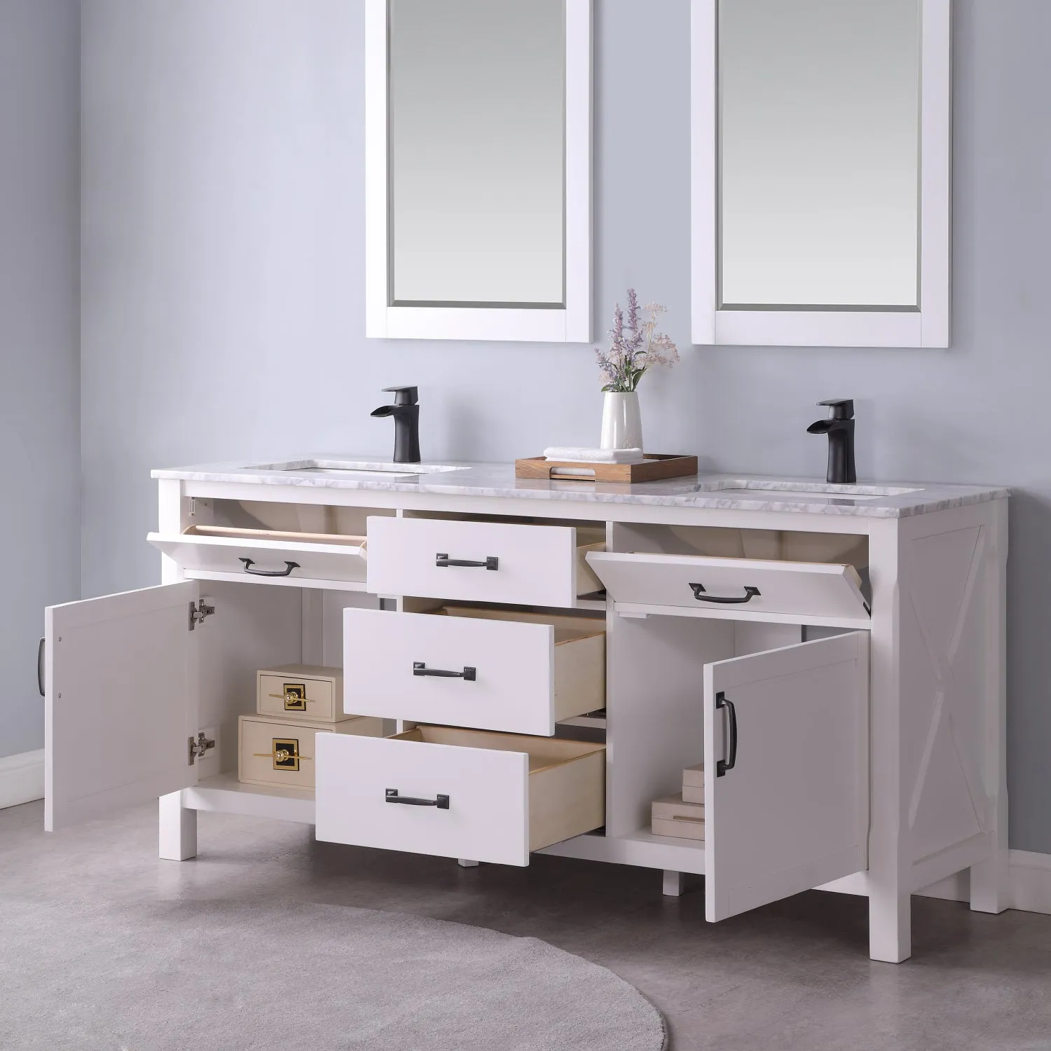 Maribella 72" Double Bathroom Vanity Set with Carrara White Marble Countertop