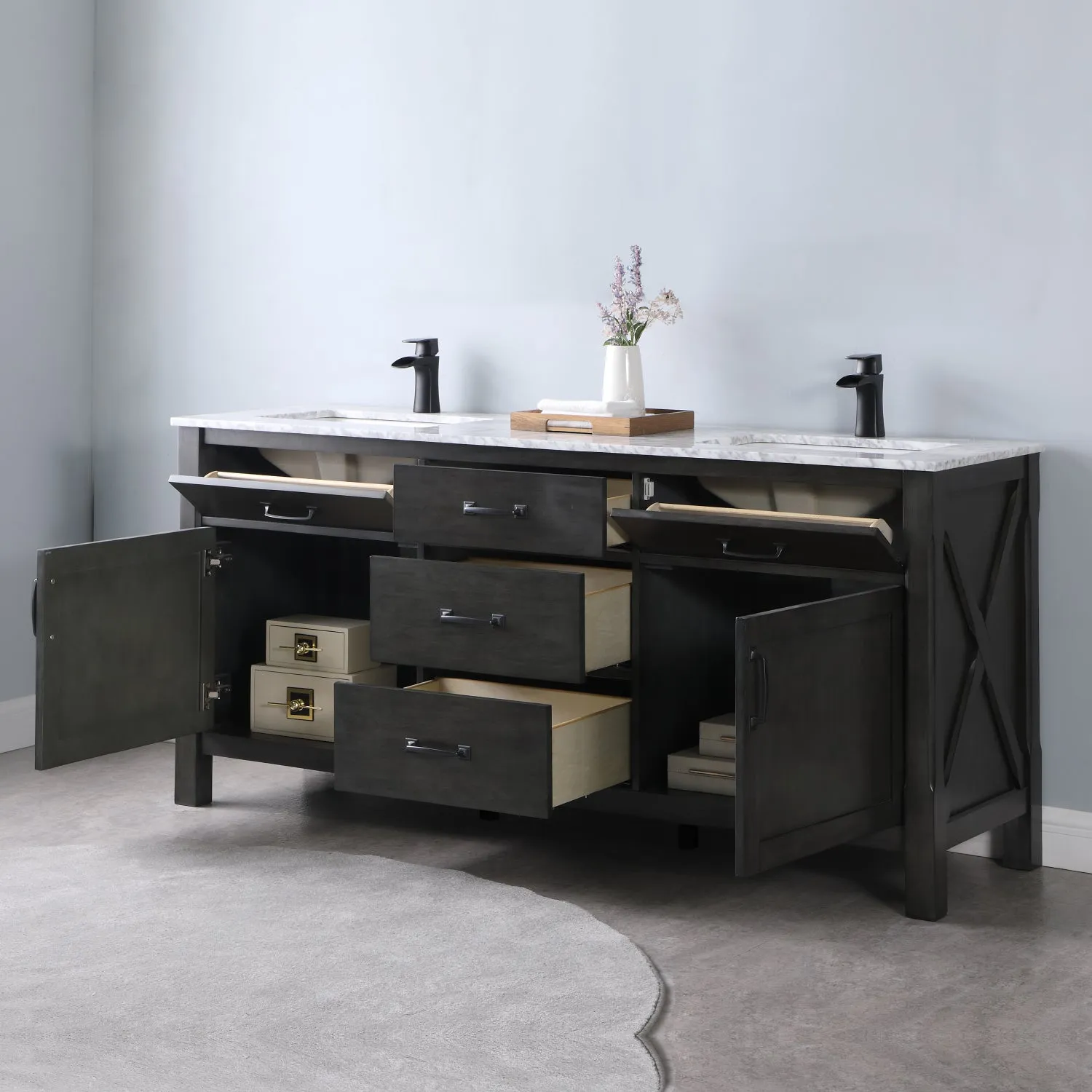 Maribella 72" Double Bathroom Vanity Set with Carrara White Marble Countertop