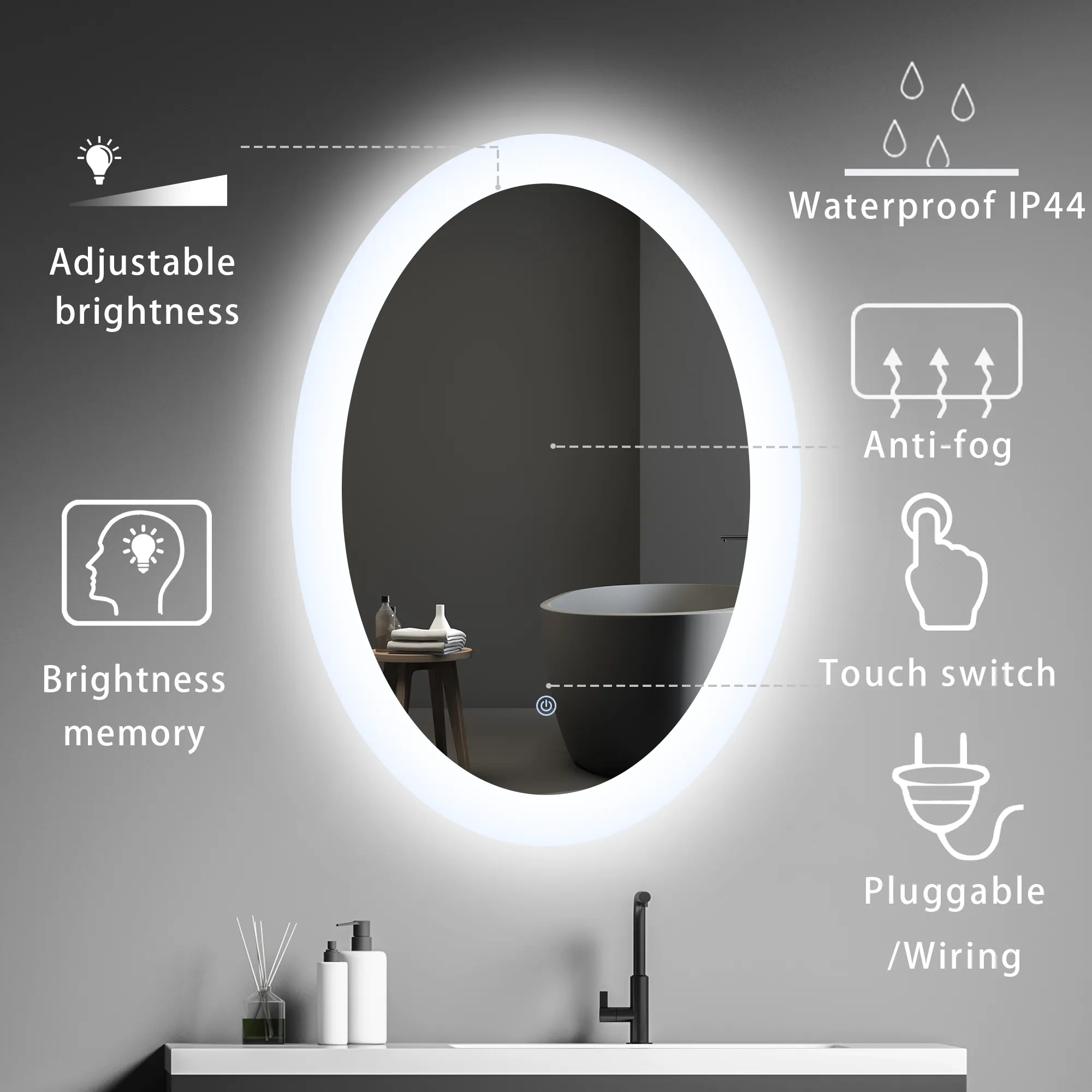 MIRPLUS 20''×28'' Oval LED Bathroom Mirror Backlit Anti-fog Dimmable