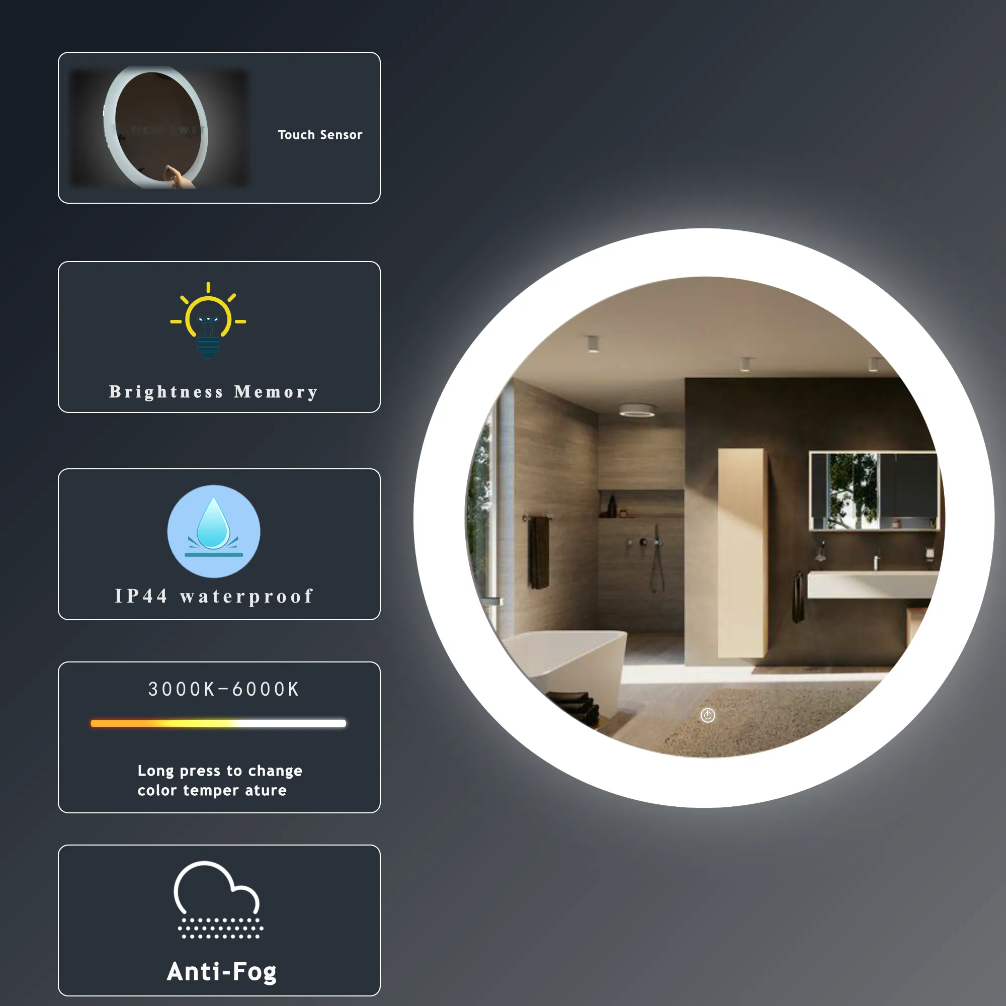 MIRPLUS 24'' Round LED Bathroom Mirror backlit Anti-fog Frosted glass edges