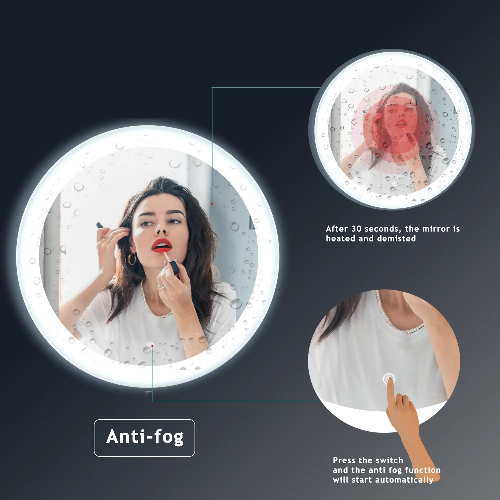 MIRPLUS 24'' Round LED Bathroom Mirror backlit Anti-fog Frosted glass edges