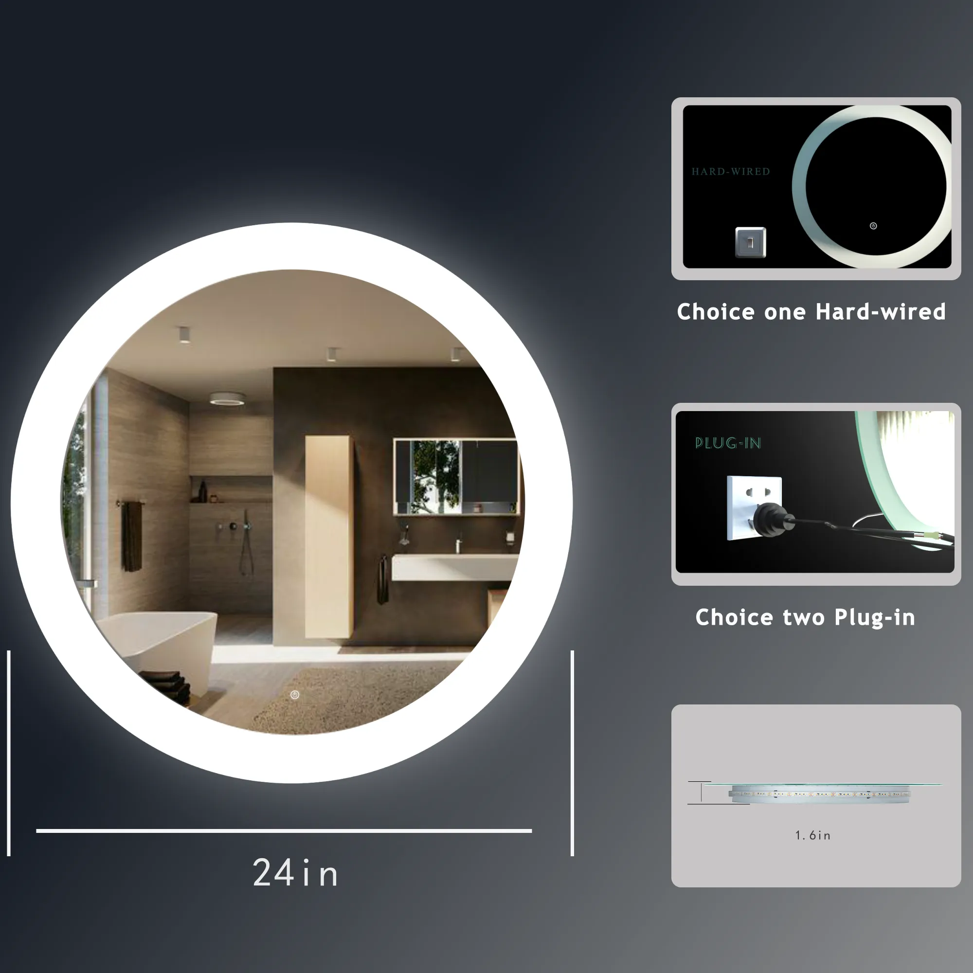 MIRPLUS 24'' Round LED Bathroom Mirror backlit Anti-fog Frosted glass edges