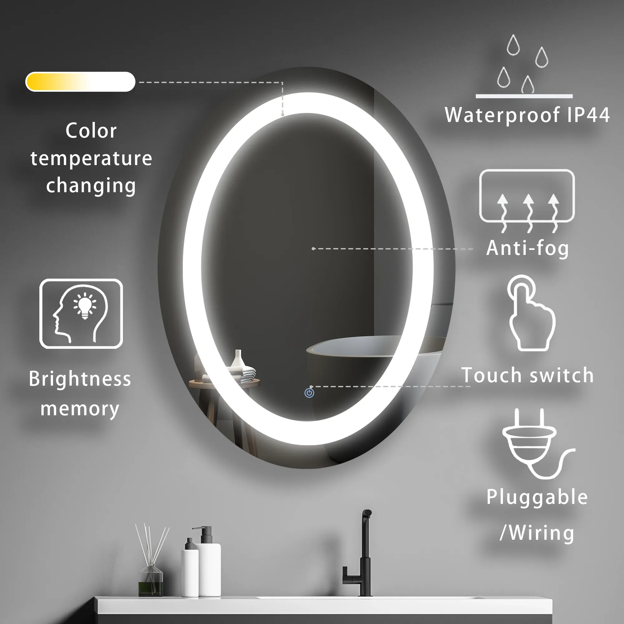 MIRPLUS 24''×32'' Oval Lighted Bathroom Mirror Anti-fog Dimmable Mirror