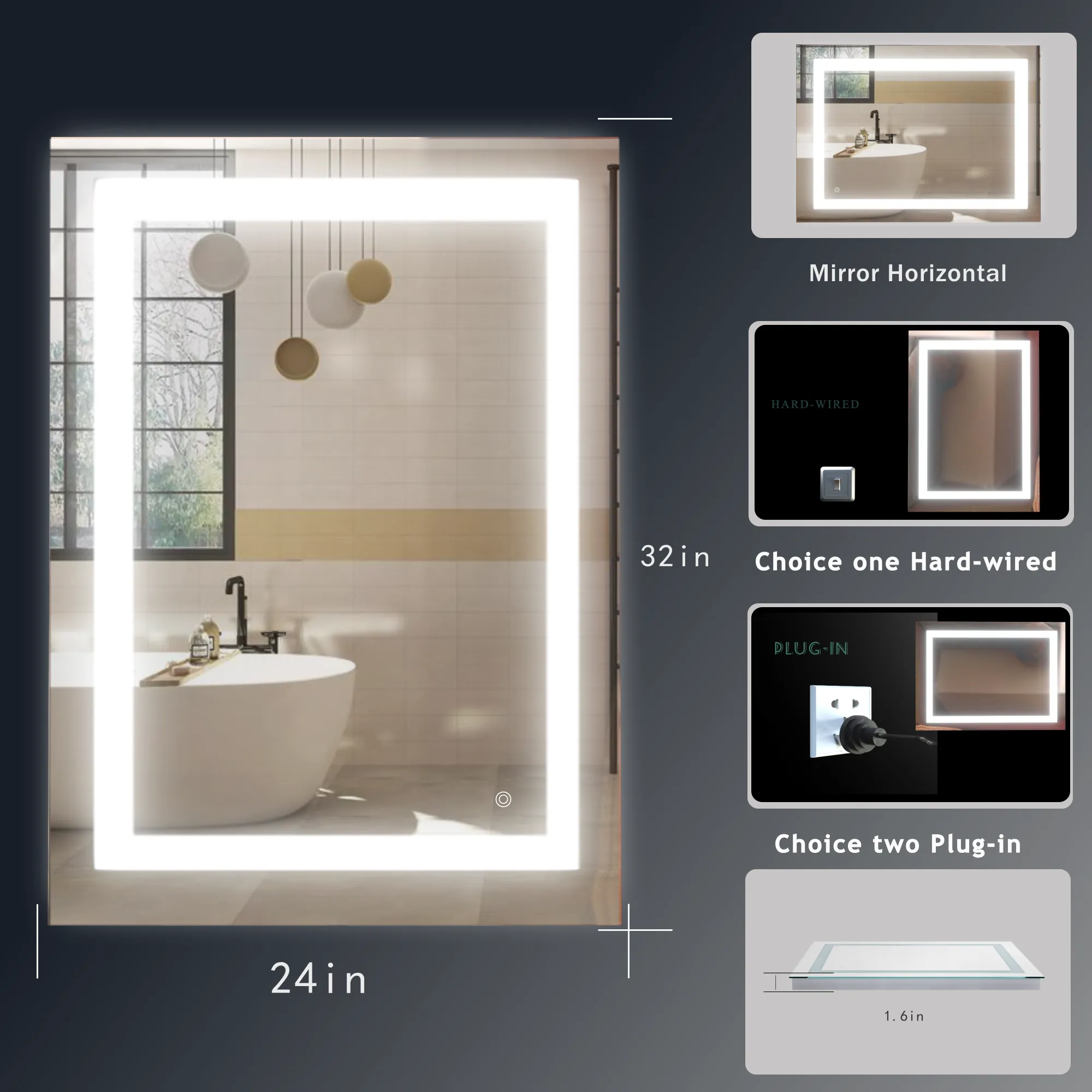 MIRPLUS 24''×32'' Rectangular Lighted Bathroom Mirror (Horizontal & Vertical)