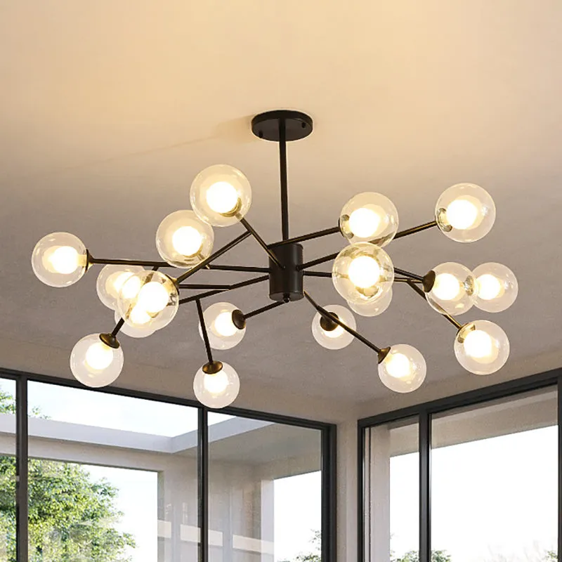 Modern 12/15/18-Light Chandelier with Clear Glass Shade and Black/Gold Ball Ceiling Pendant Lamp
