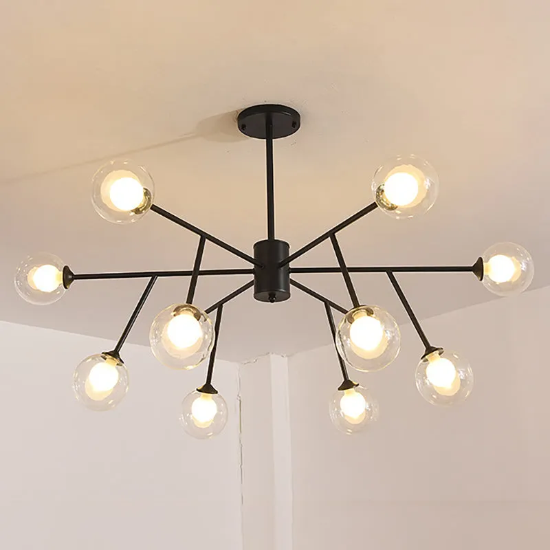 Modern 12/15/18-Light Chandelier with Clear Glass Shade and Black/Gold Ball Ceiling Pendant Lamp