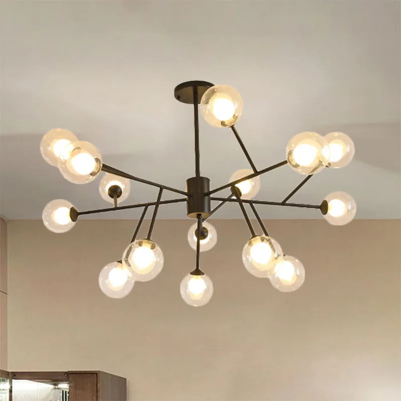 Modern 12/15/18-Light Chandelier with Clear Glass Shade and Black/Gold Ball Ceiling Pendant Lamp