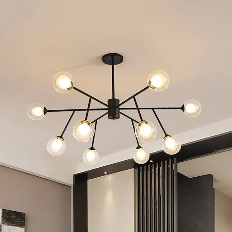 Modern 12/15/18-Light Chandelier with Clear Glass Shade and Black/Gold Ball Ceiling Pendant Lamp