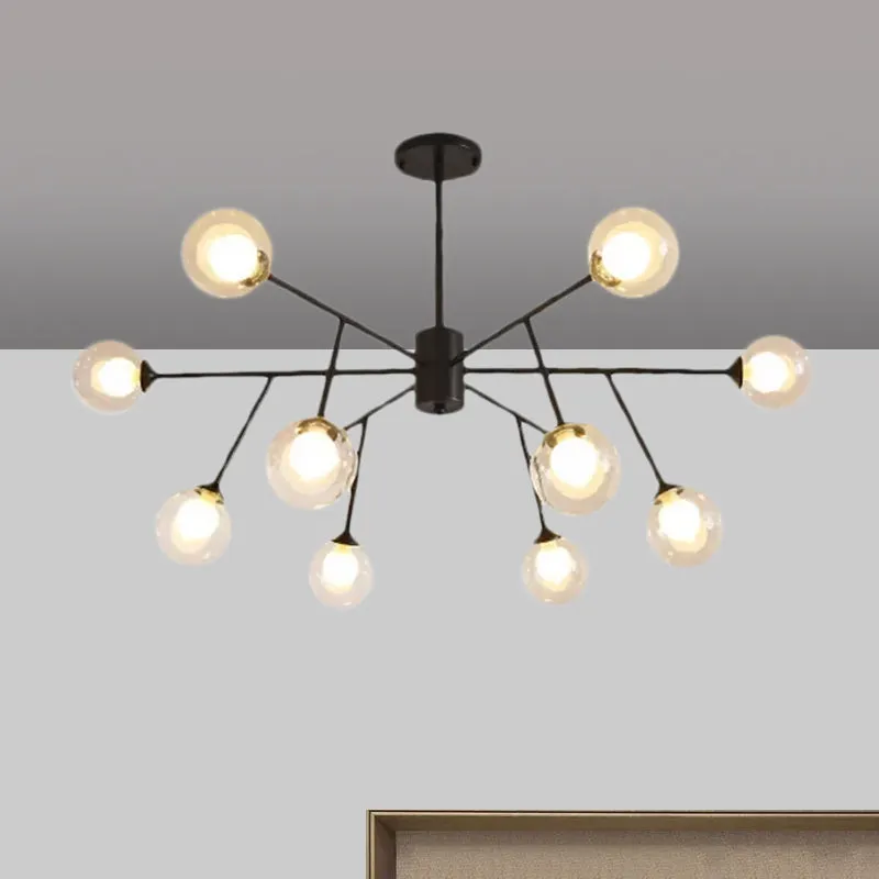 Modern 12/15/18-Light Chandelier with Clear Glass Shade and Black/Gold Ball Ceiling Pendant Lamp