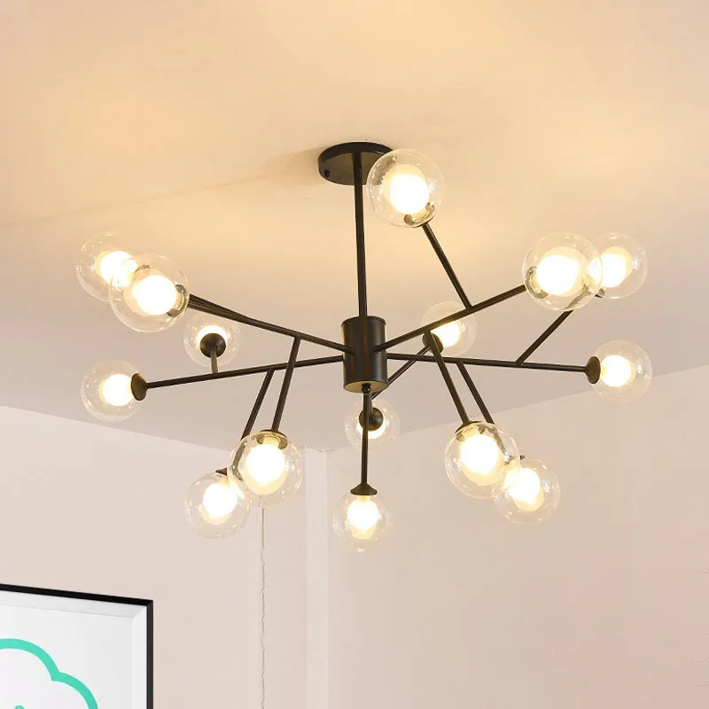 Modern 12/15/18-Light Chandelier with Clear Glass Shade and Black/Gold Ball Ceiling Pendant Lamp