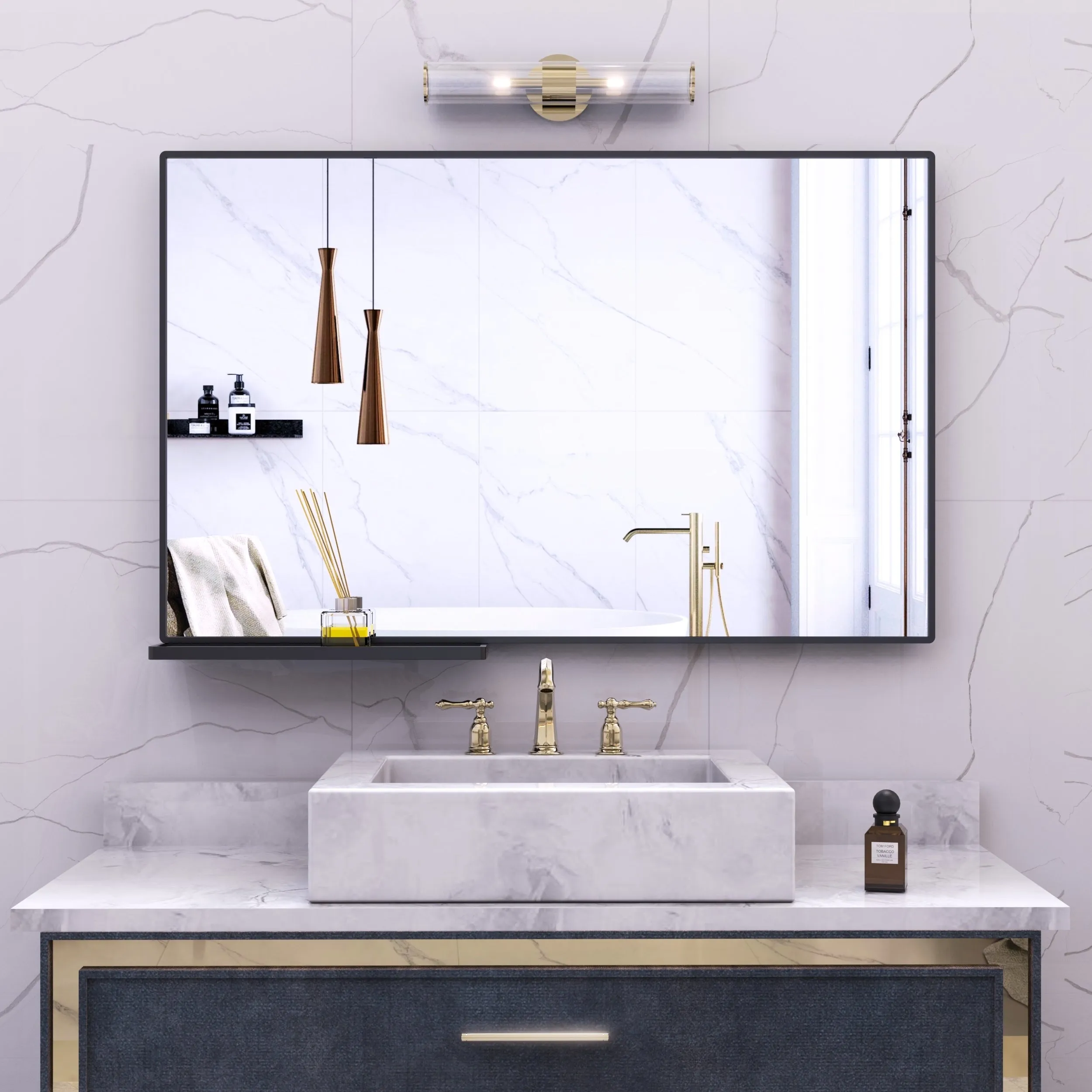 Modern Bathroom Mirror With Storage Shelf Rectangular Black Wall Mirrors for Bathroom Living Room Bedroom Hanging Mirror Aluminum Frame