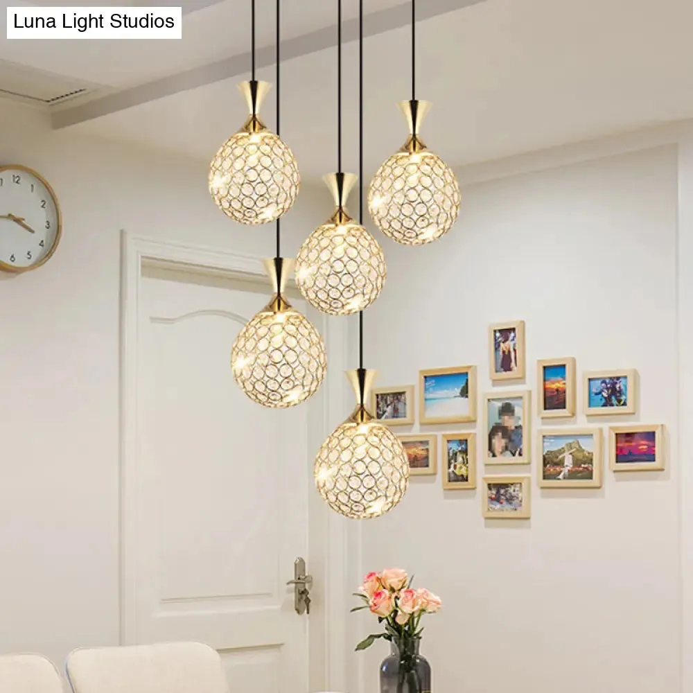 Modern Gold Crystal Cluster Pendant Light - Perfect for Dining Room - 3/5 Bulbs, Globe Design