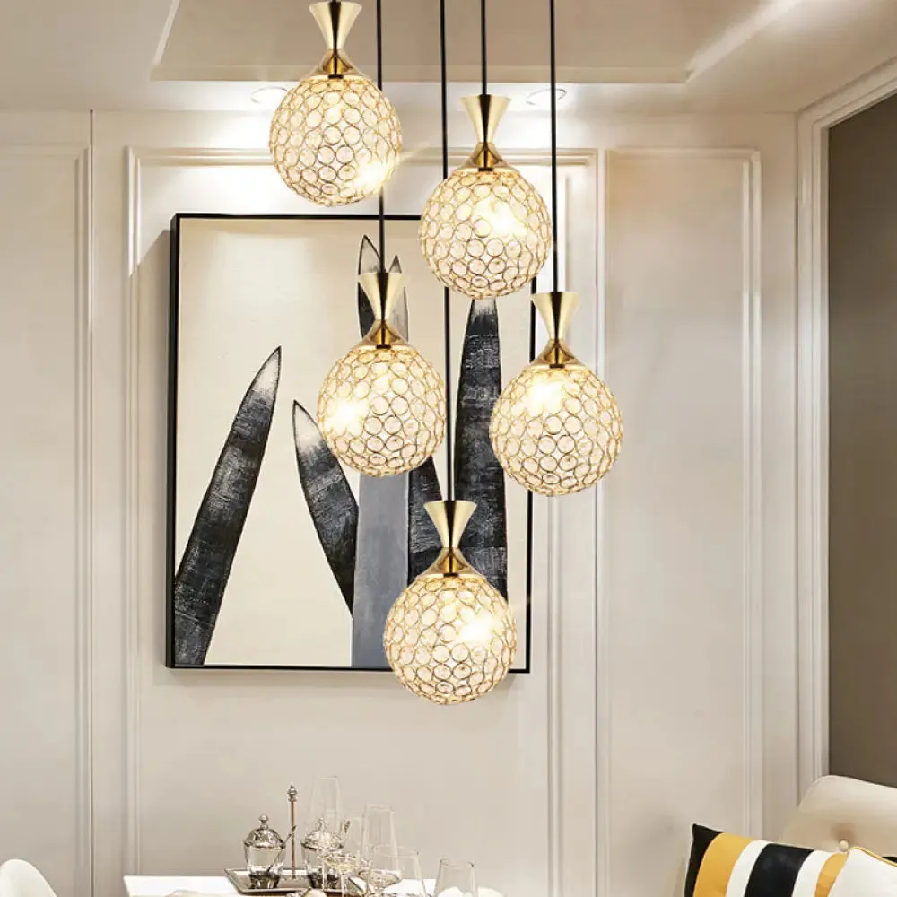 Modern Gold Crystal Cluster Pendant Light - Perfect for Dining Room - 3/5 Bulbs, Globe Design