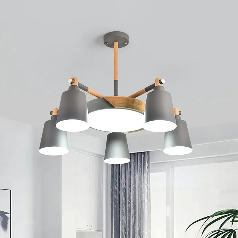 Modern Metal Chandelier with Radial Design and 3/5 Bulbs - Grey/Green Barrel and Drum Pendant