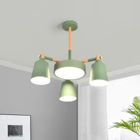 Modern Metal Chandelier with Radial Design and 3/5 Bulbs - Grey/Green Barrel and Drum Pendant