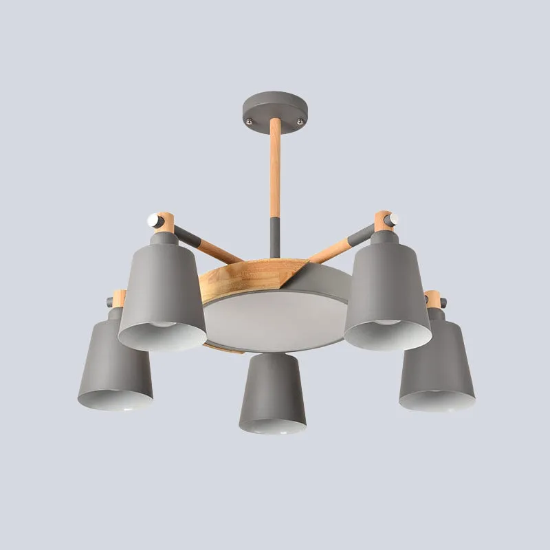 Modern Metal Chandelier with Radial Design and 3/5 Bulbs - Grey/Green Barrel and Drum Pendant