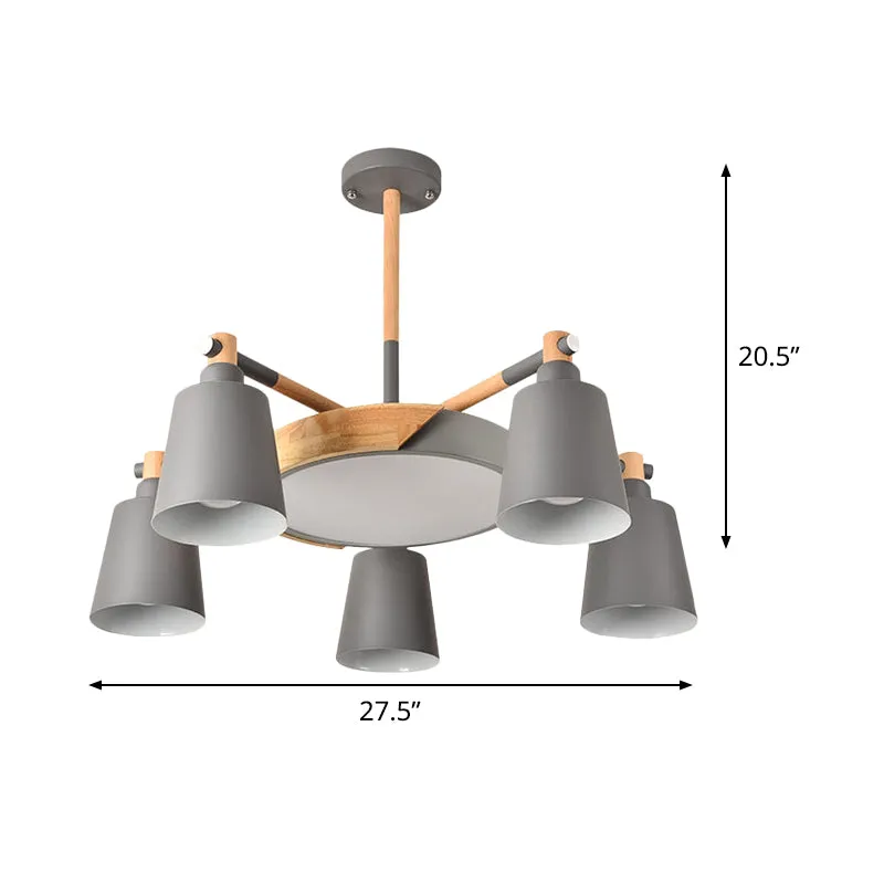 Modern Metal Chandelier with Radial Design and 3/5 Bulbs - Grey/Green Barrel and Drum Pendant