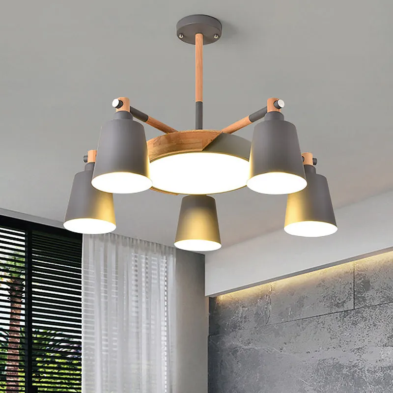 Modern Metal Chandelier with Radial Design and 3/5 Bulbs - Grey/Green Barrel and Drum Pendant