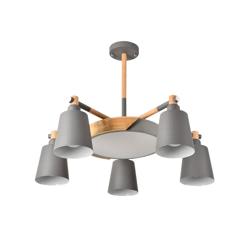Modern Metal Chandelier with Radial Design and 3/5 Bulbs - Grey/Green Barrel and Drum Pendant