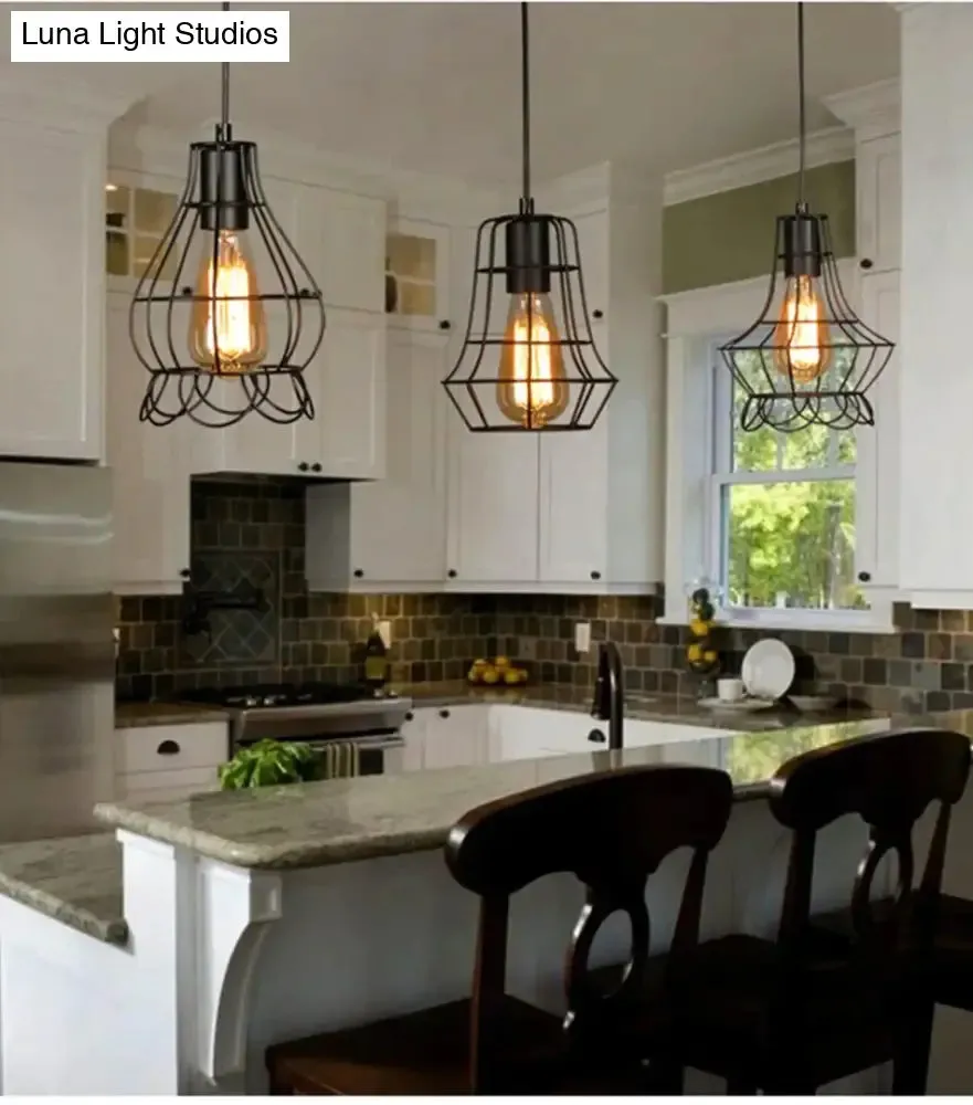 Modern Pendant Light Black Iron Hanging Cage Vintage E27Led Lamp Bulb Industrial Loft Retro Dining Room Restaurant Bar Counte