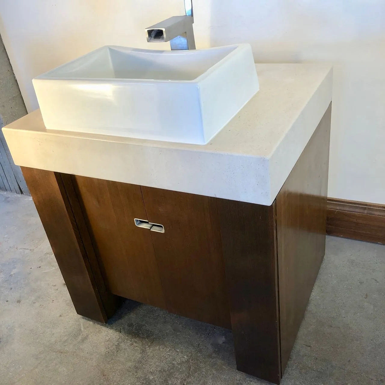 Modern Vanity, Travertine Stone Top, Rectangle Sink, Waterfall Faucet
