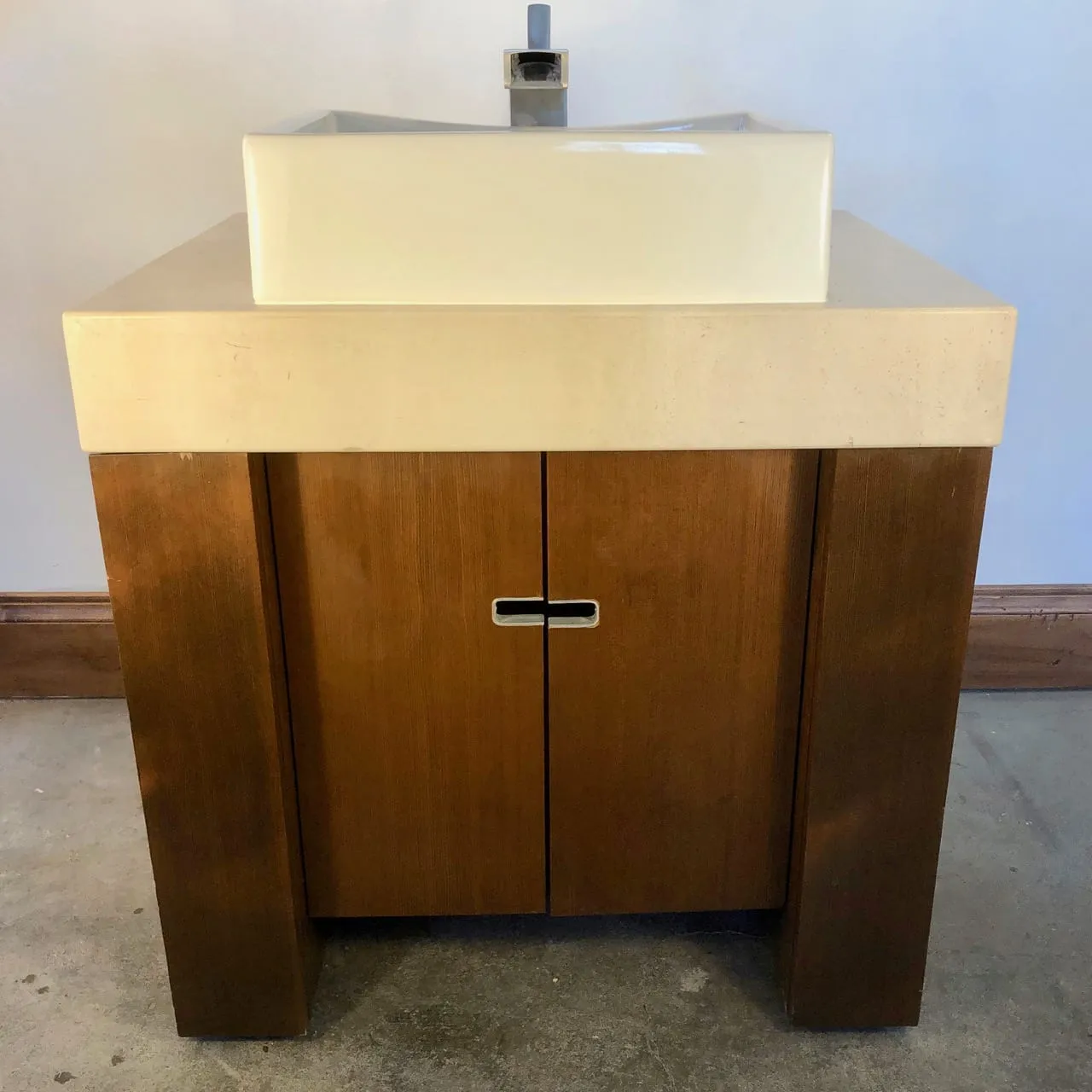Modern Vanity, Travertine Stone Top, Rectangle Sink, Waterfall Faucet