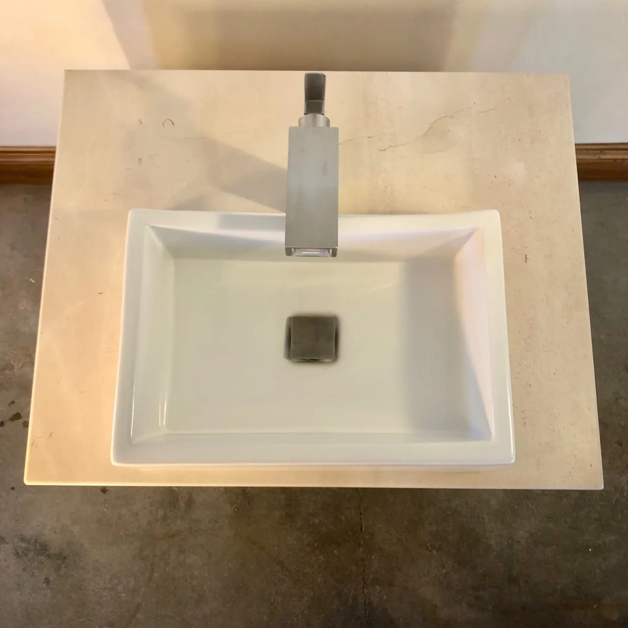 Modern Vanity, Travertine Stone Top, Rectangle Sink, Waterfall Faucet