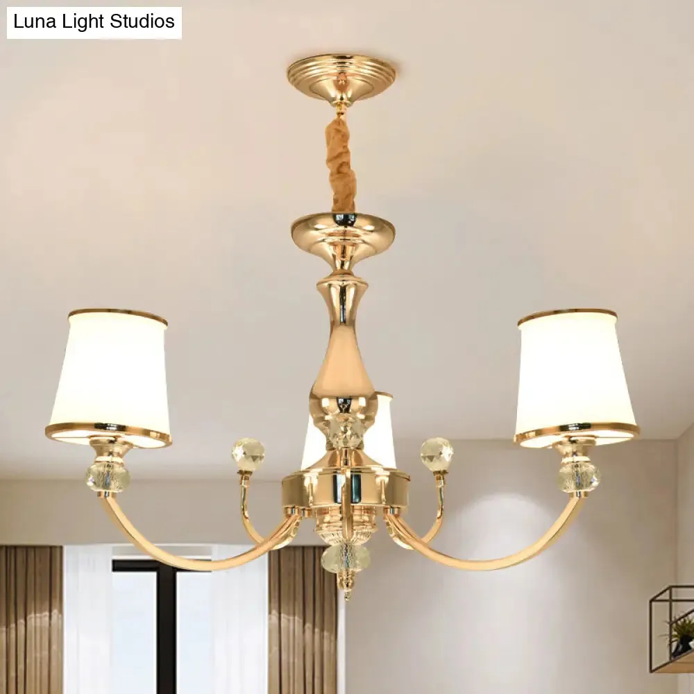 Modernist Opal Glass Cone Ceiling Pendant Chandelier - Chrome/Gold, Curved Arm, 3/6 Lights