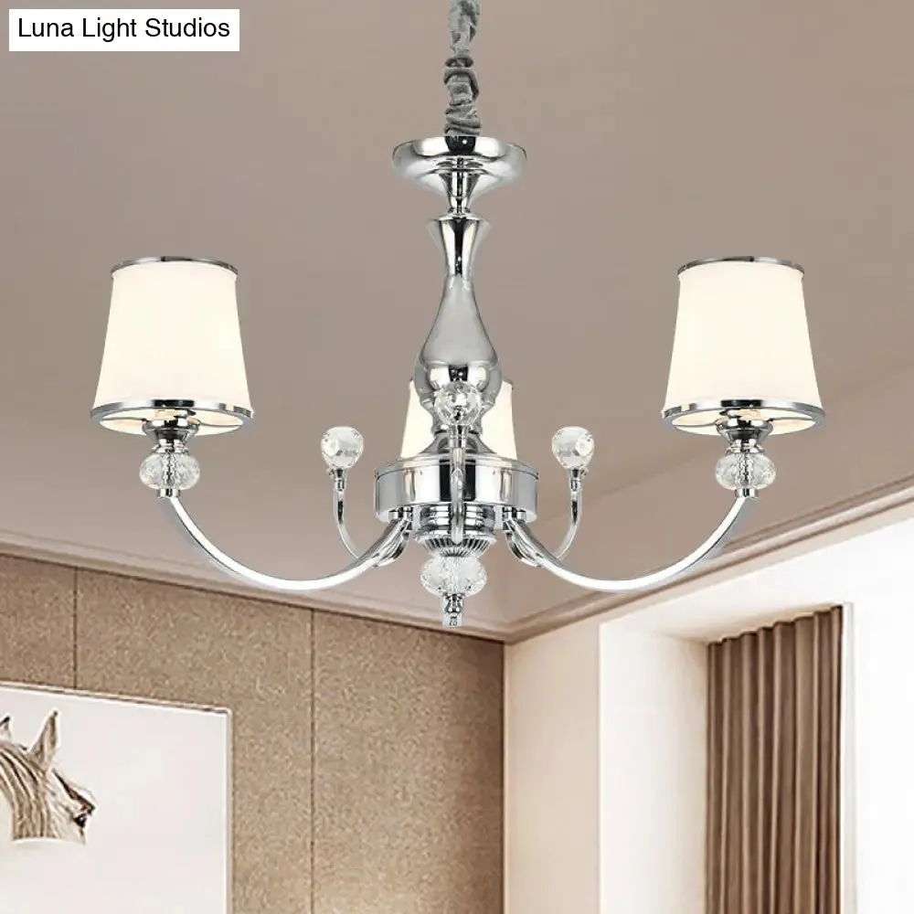 Modernist Opal Glass Cone Ceiling Pendant Chandelier - Chrome/Gold, Curved Arm, 3/6 Lights