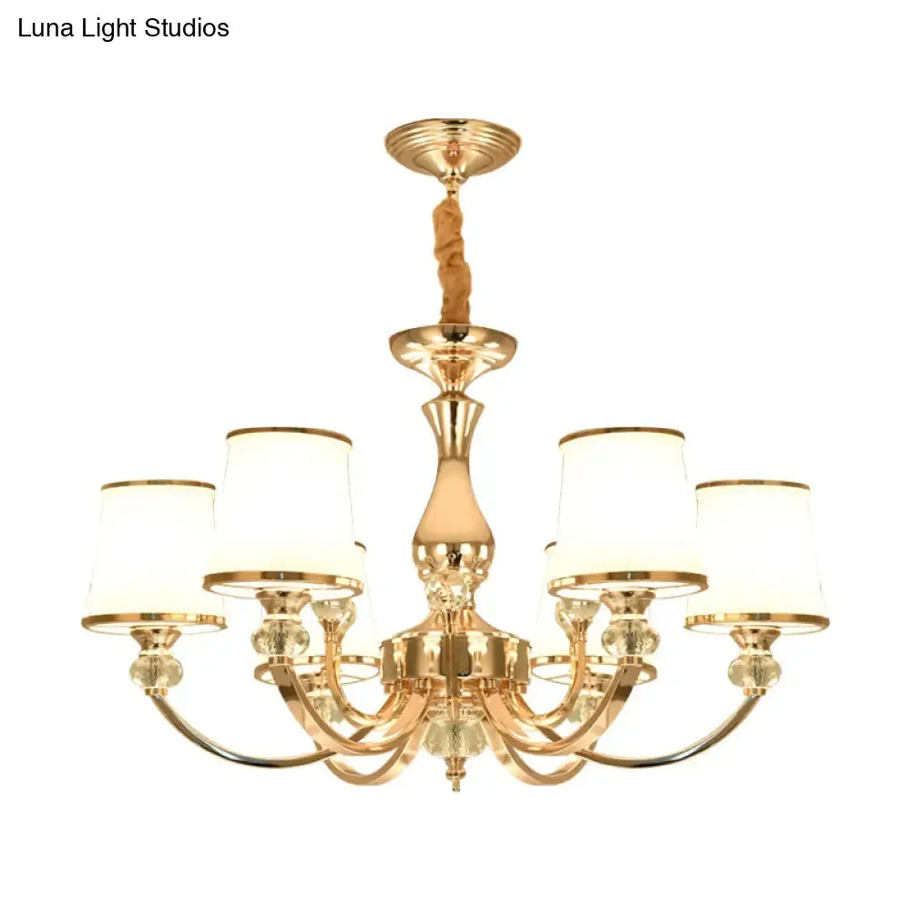 Modernist Opal Glass Cone Ceiling Pendant Chandelier - Chrome/Gold, Curved Arm, 3/6 Lights