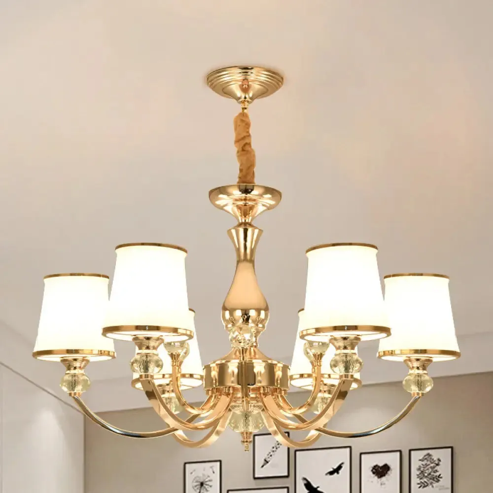 Modernist Opal Glass Cone Ceiling Pendant Chandelier - Chrome/Gold, Curved Arm, 3/6 Lights