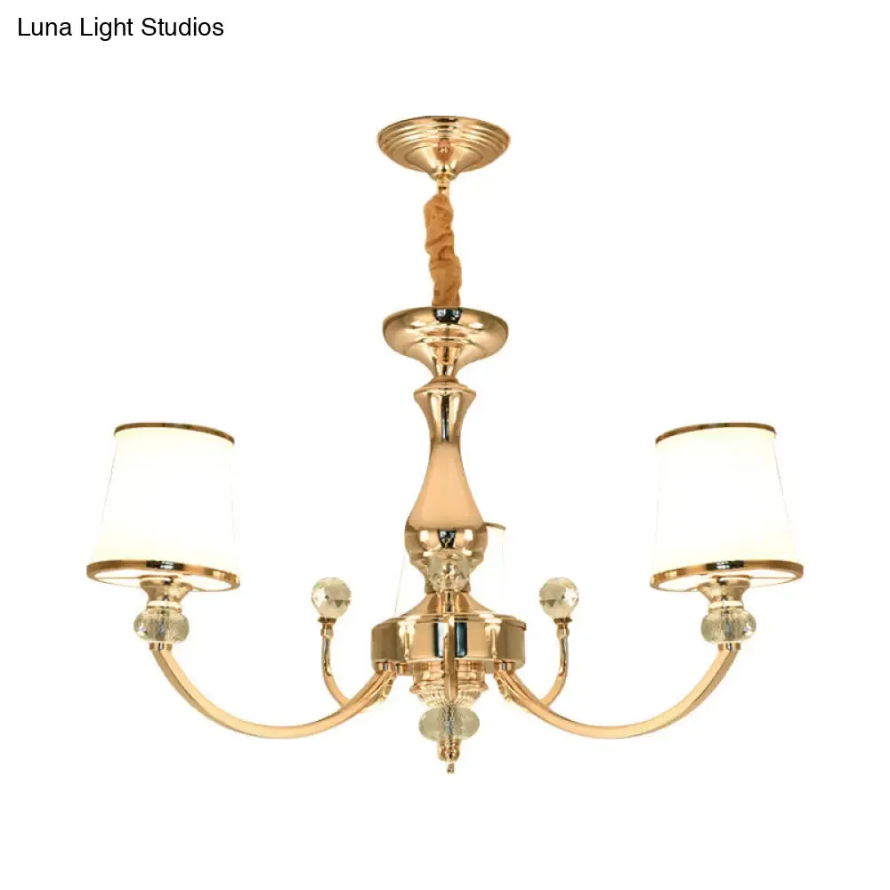 Modernist Opal Glass Cone Ceiling Pendant Chandelier - Chrome/Gold, Curved Arm, 3/6 Lights
