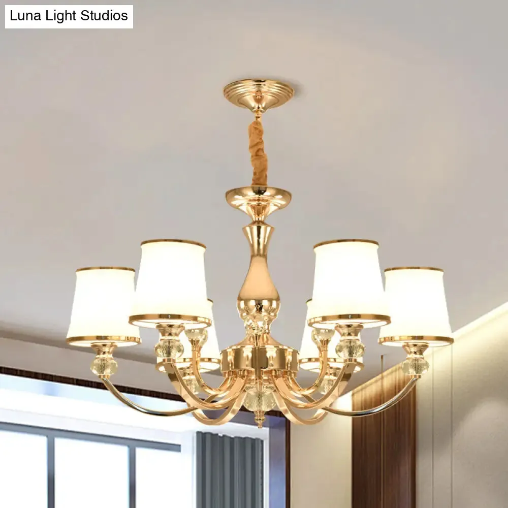 Modernist Opal Glass Cone Ceiling Pendant Chandelier - Chrome/Gold, Curved Arm, 3/6 Lights