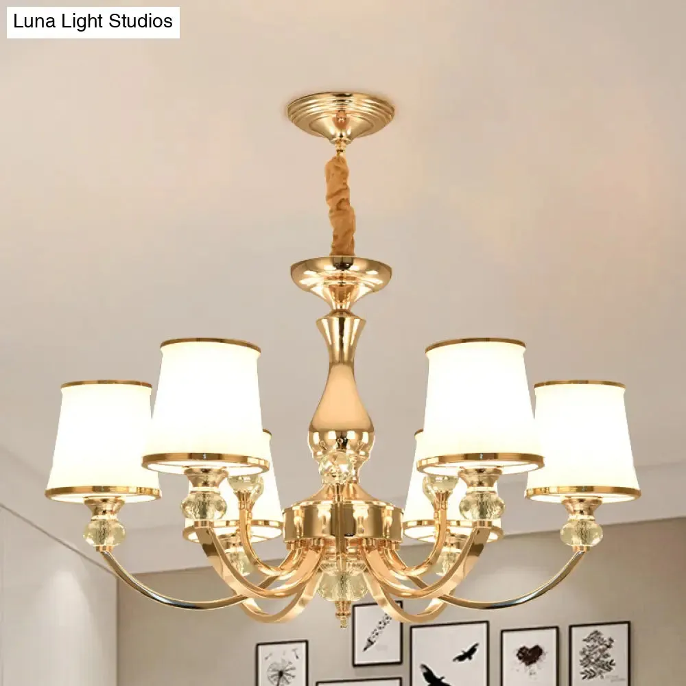 Modernist Opal Glass Cone Ceiling Pendant Chandelier - Chrome/Gold, Curved Arm, 3/6 Lights